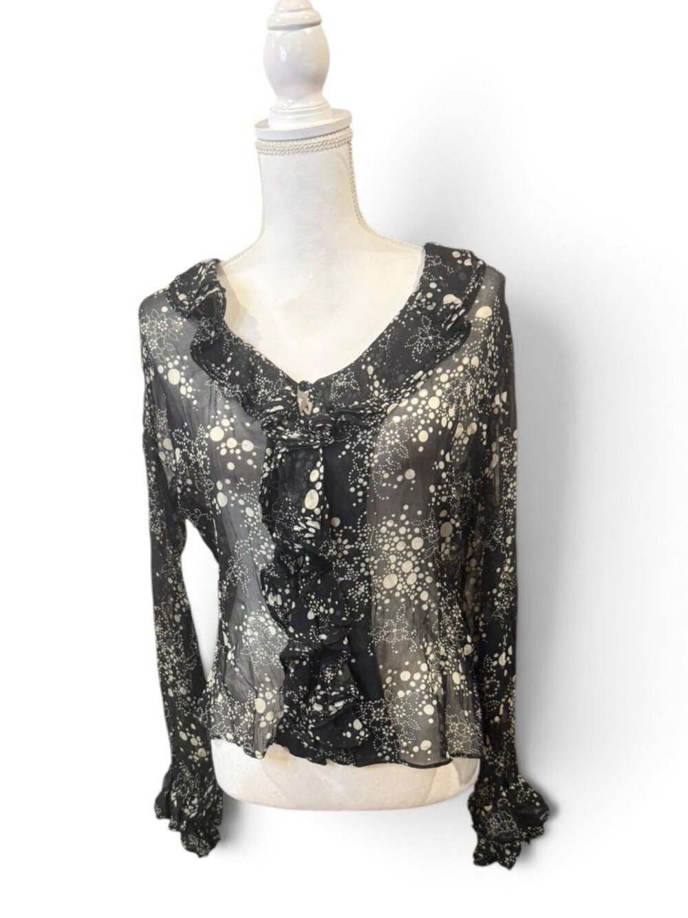 Anne Fontaine Black & White Silk Sheer Long Sleeve Blouse, Medium